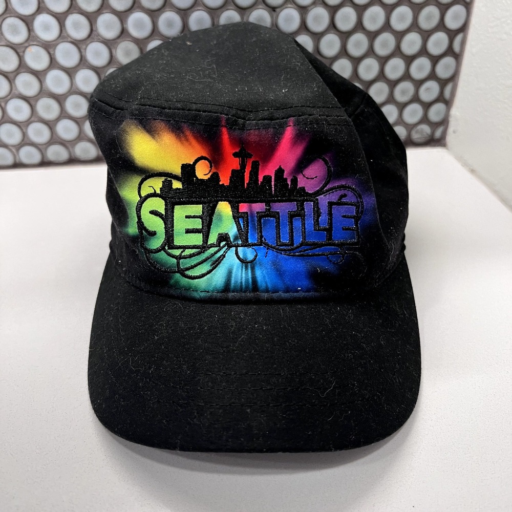 Seattle Hat Cap Adult Hat Black Strap Back Adjustable Colorful Rainbow